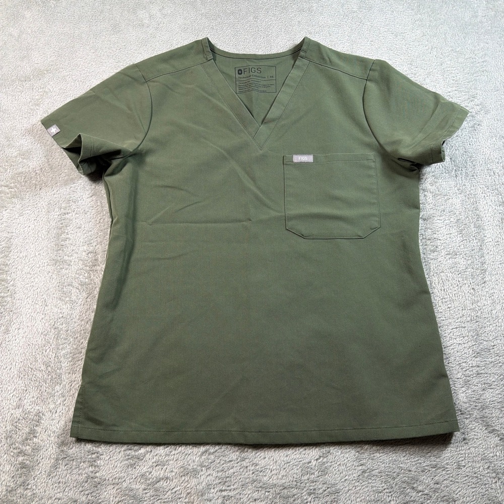 FIGS Catarina Scrub Top Women XS Olive Green V-Neck Short Sleeve One Pocket